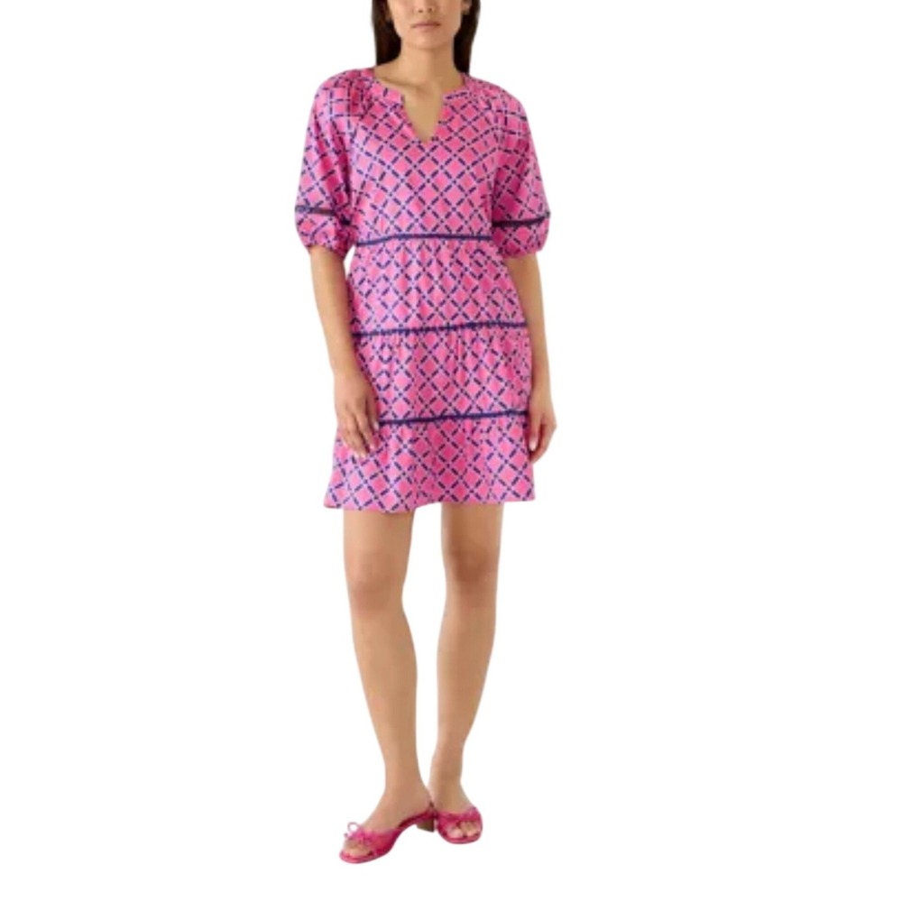Mary Square Palmer Dress XL Pink Navy Geometric First Blooms Tiered Lace Trim